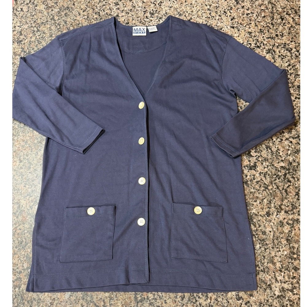 Max and Diane Navy Blue Button Front Cardigan Top with Pockets Style 12002 M